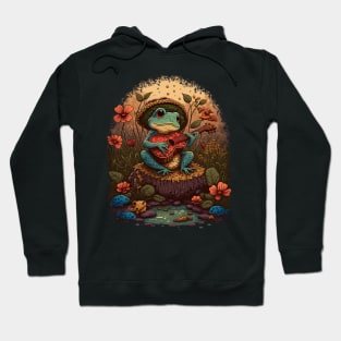 Cottagecore aesthetic cute frog playing ukelele on Mushroom Hoodie